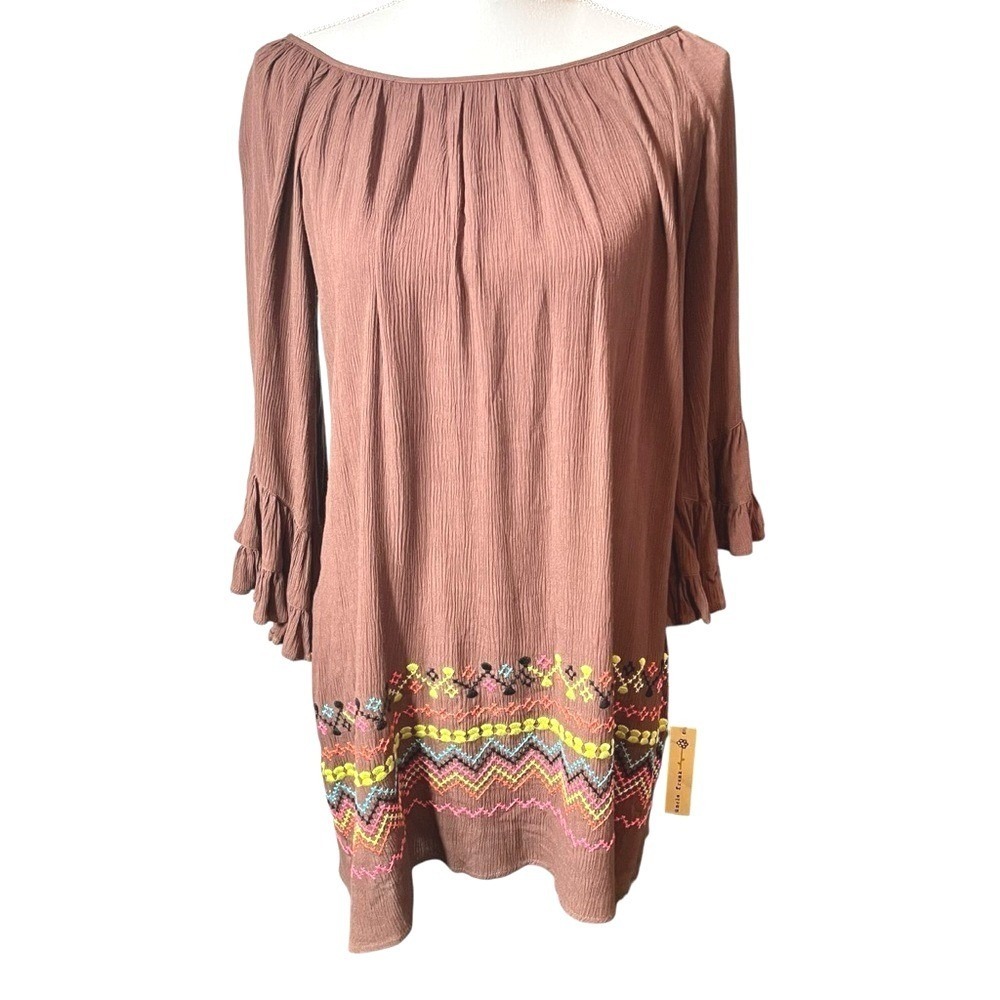 Uncle Frank Brown Embroidered Boho Peasant Dress XS Ruffle Sleeves Boho NWT